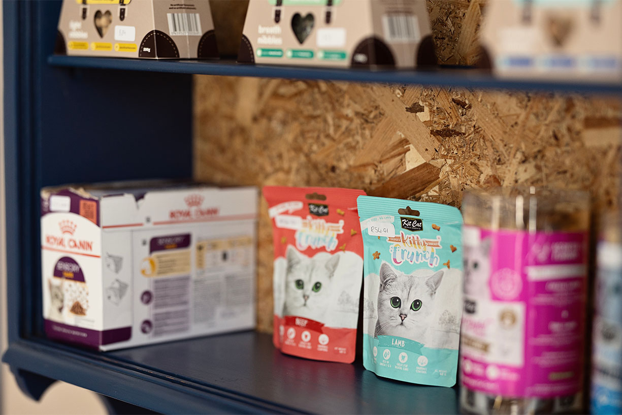 Premium feline treats, including Kit Cat Kitty Crunch and Royal Canin, available for guests at the boutique cat hotel in Johannesburg.