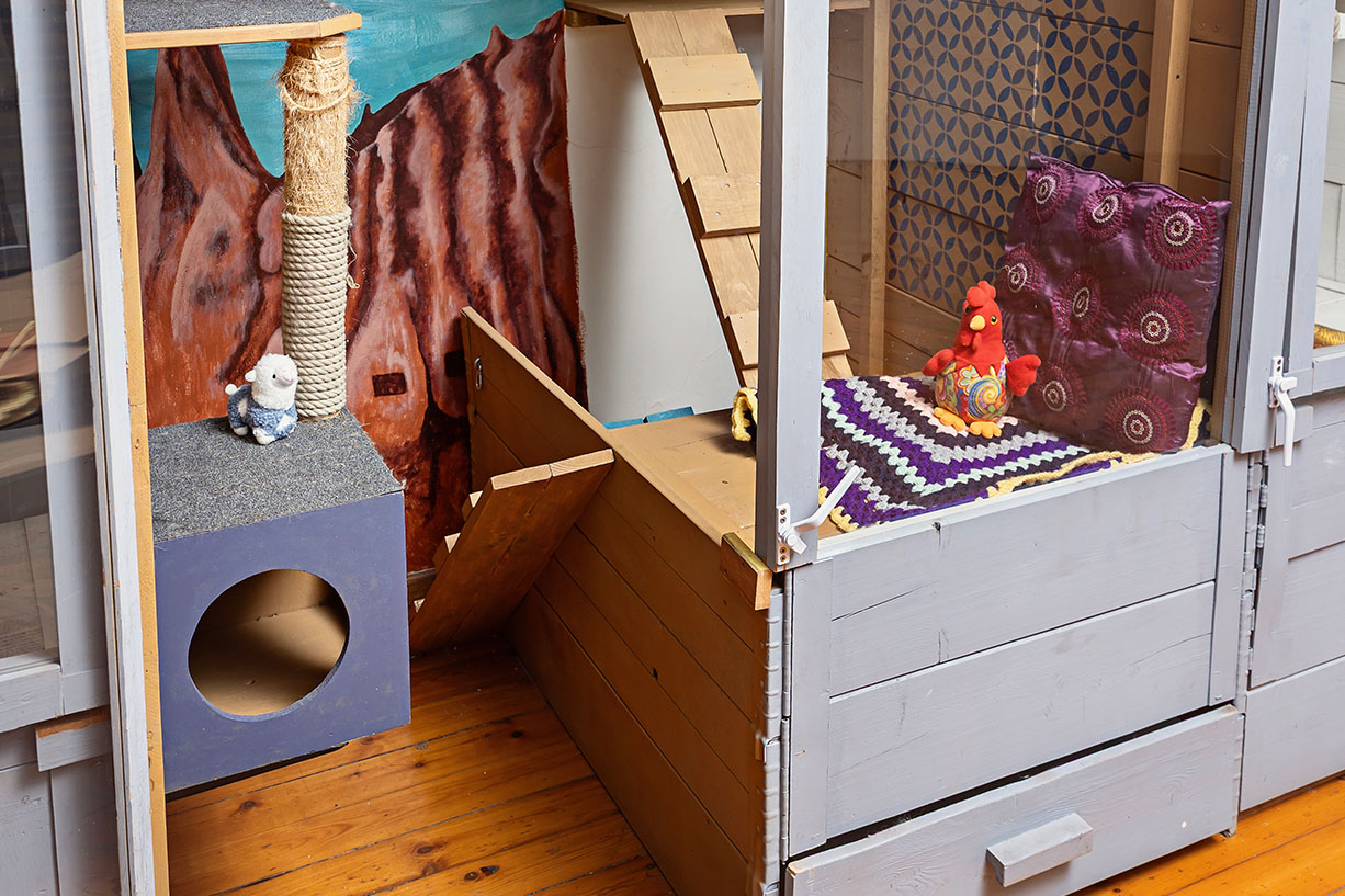 The enriching interior of a feline boarding suite featuring a scratching post, ramp, and cozy crocheted bedding at The Robin House in Benoni.