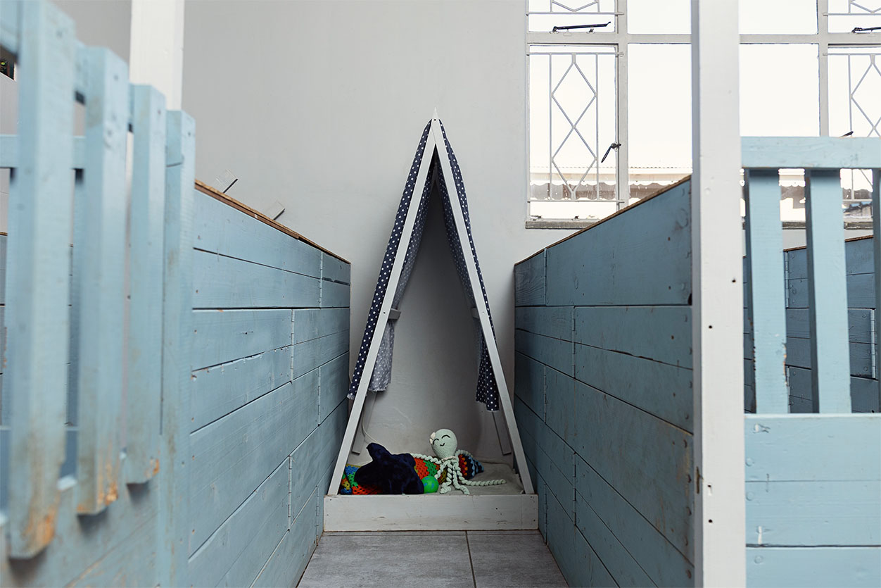 A comfortable indoor boarding suite featuring a cozy wooden A-frame tent and dog toys at the boutique dog hotel in Benoni.