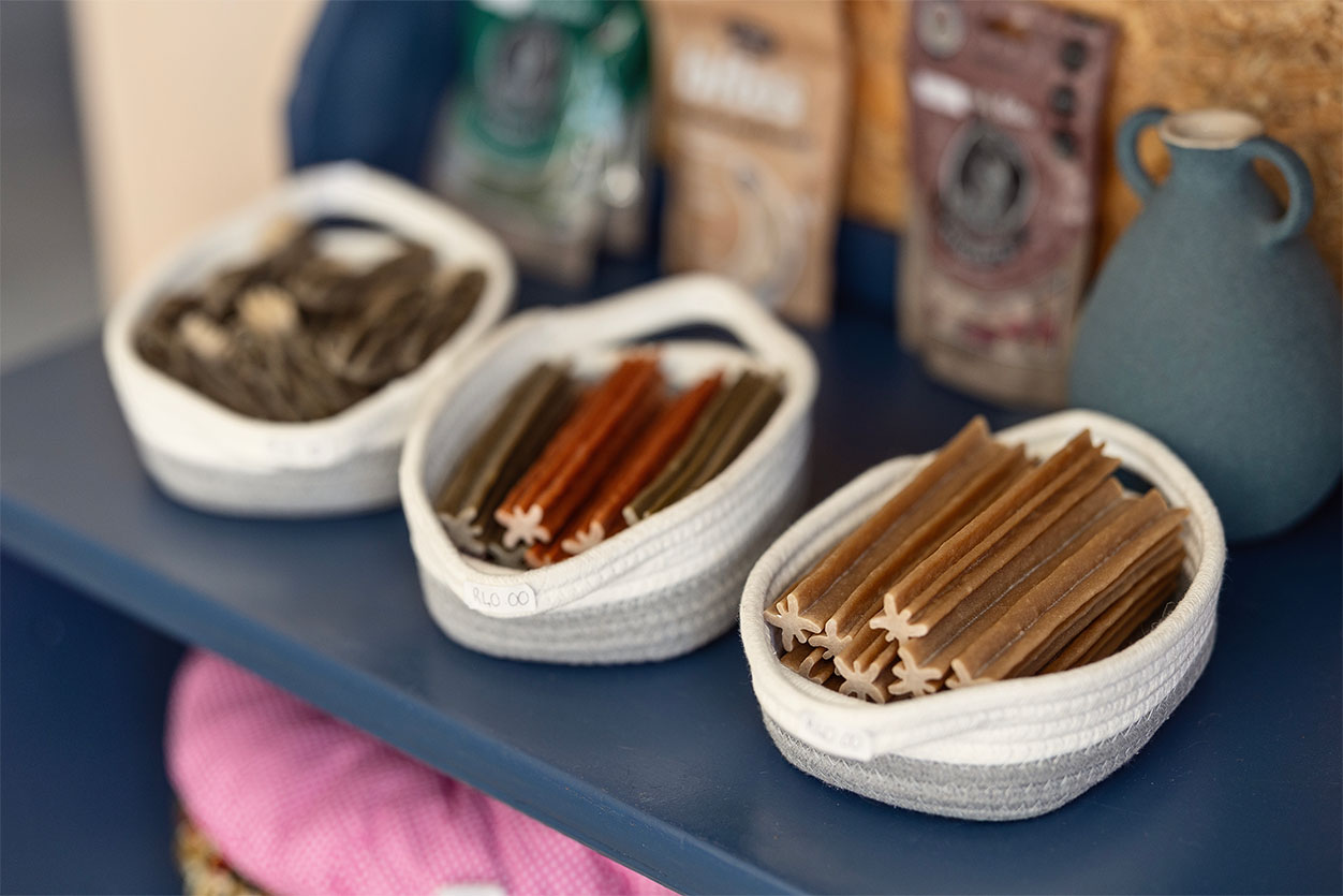 Baskets of premium dog chews and treats available for canine guests staying at the boutique dog hotel in Benoni.
