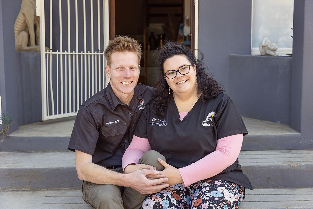 Veterinary Director Dr. Leigh and Manager Pierre Nel welcoming guests to their boutique dog hotel in Benoni.