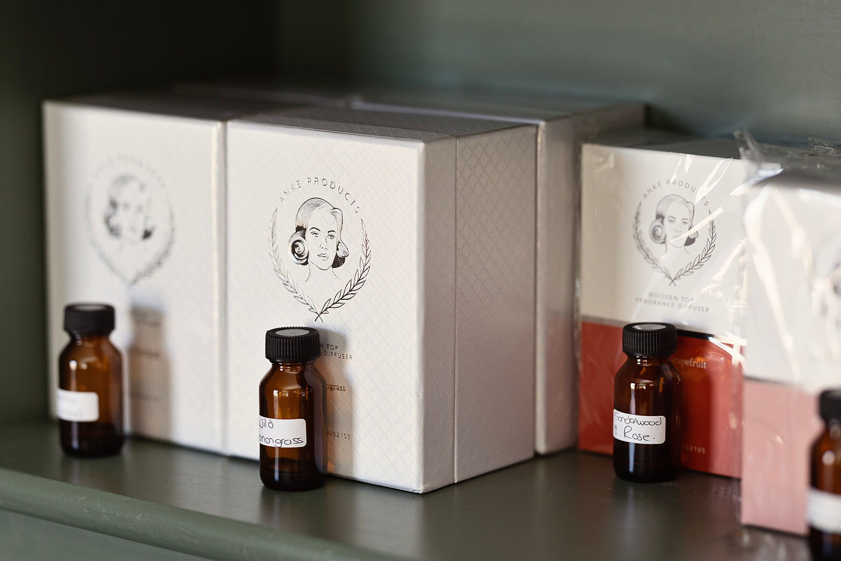 Anke Products wooden top fragrance diffusers and essential oils for sale at the Essential Provisions vet shop in Johannesburg.