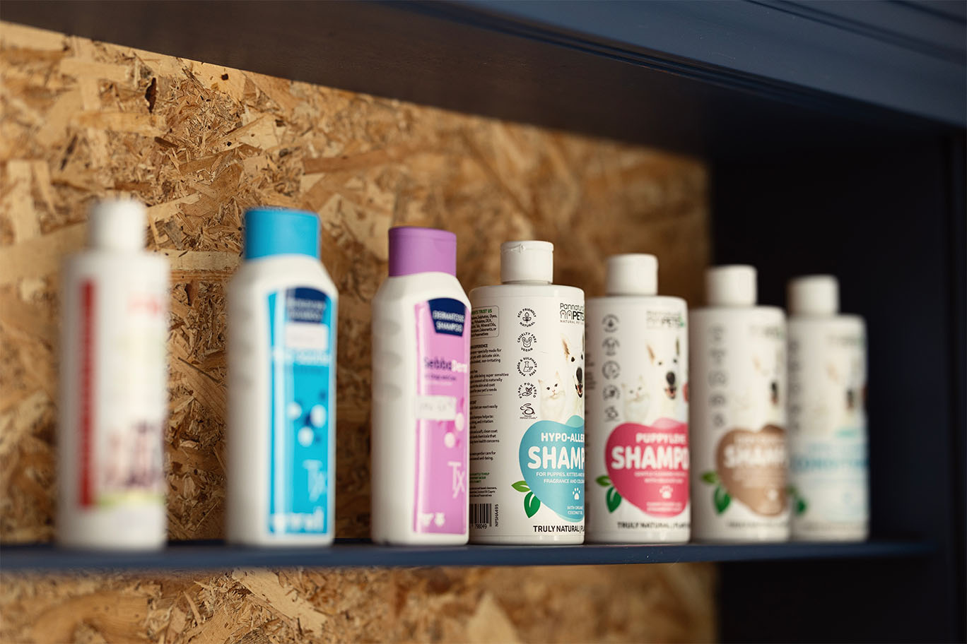 A shelf stocked with premium, natural pet grooming shampoos and conditioners at The Robin House in Benoni.