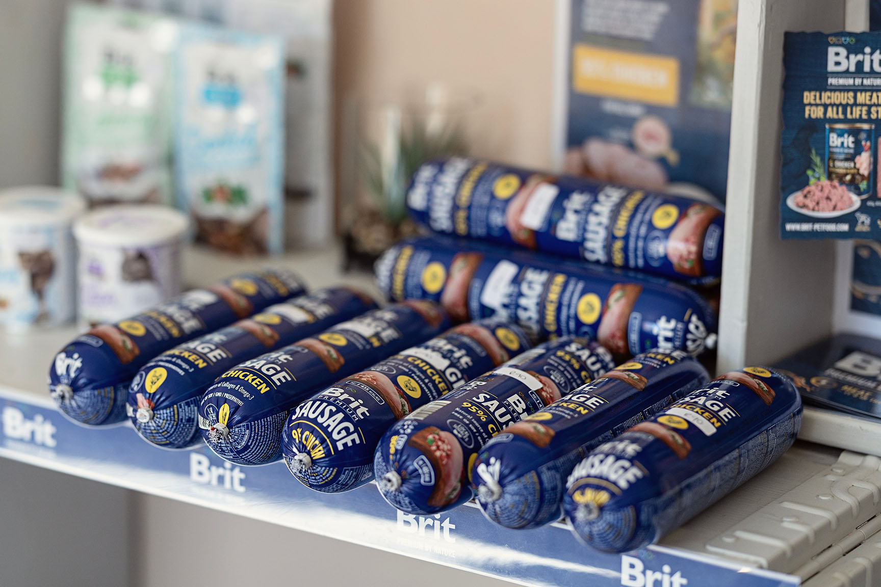 Brit Premium chicken sausages for dogs stocked on the shelves of the Pantry and Provisions vet shop in Johannesburg.