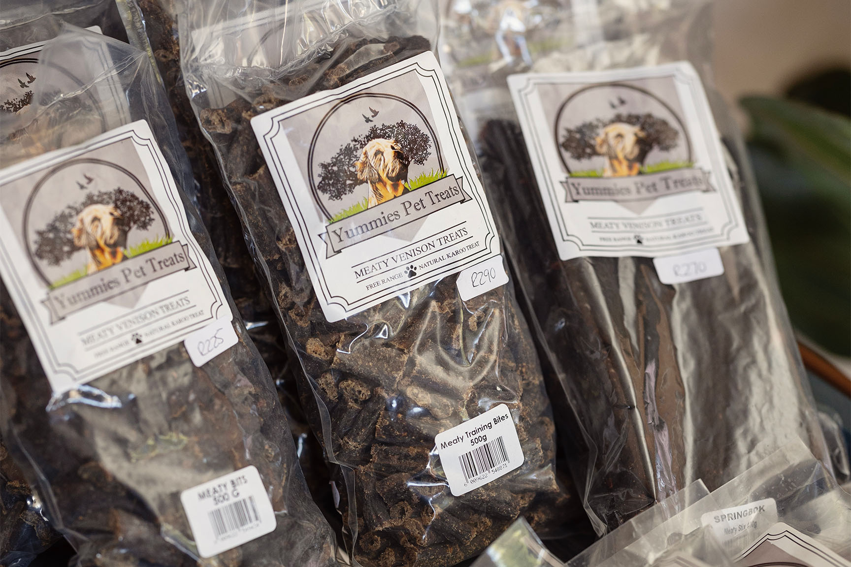 Bags of natural, free-range Yummies Meaty Venison Treats for dogs at the Pantry and Provisions vet shop in Benoni.